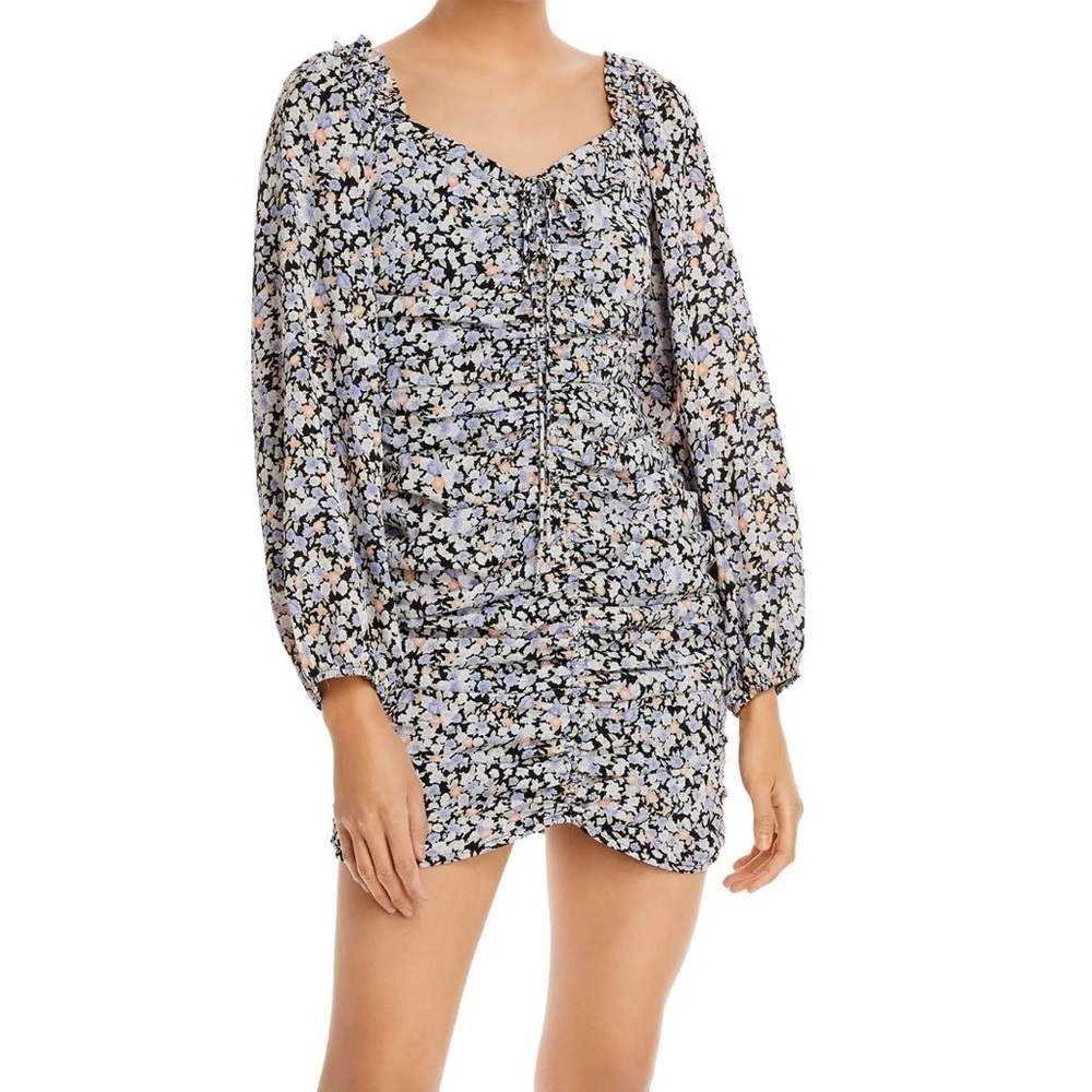 NWT FORE Long Sleeve Floral Back Zip Ruched Lined Mini Dress Size Small